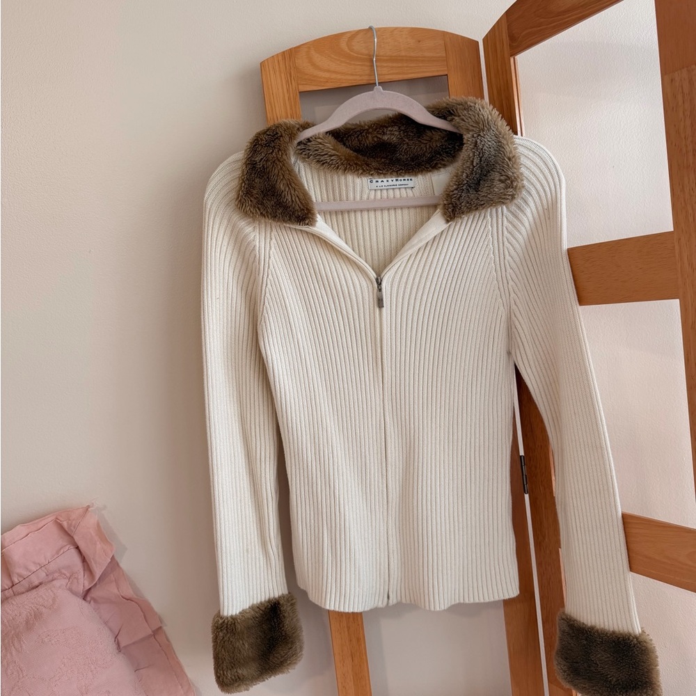 Crazy Horse by Liz Claiborne Zip Sweater with Faux Fur Trim